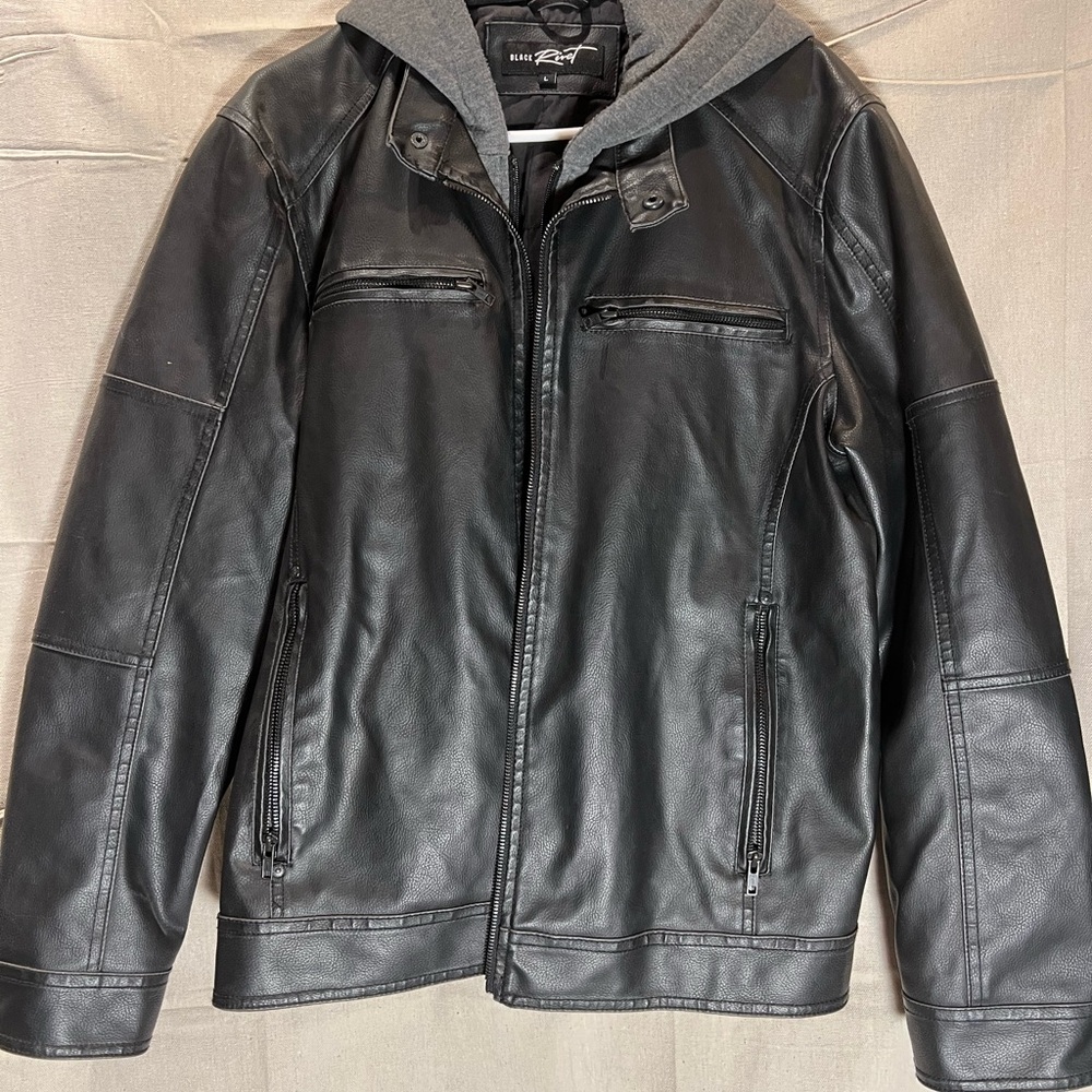 Black Rivet Faux Leather Jacket with Gray Hood